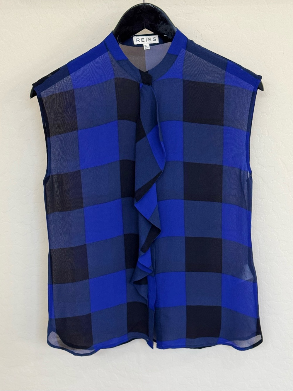 REISS Tori 100% Silk Blue & Black Checked Ruffled Blouse Top Size US 4